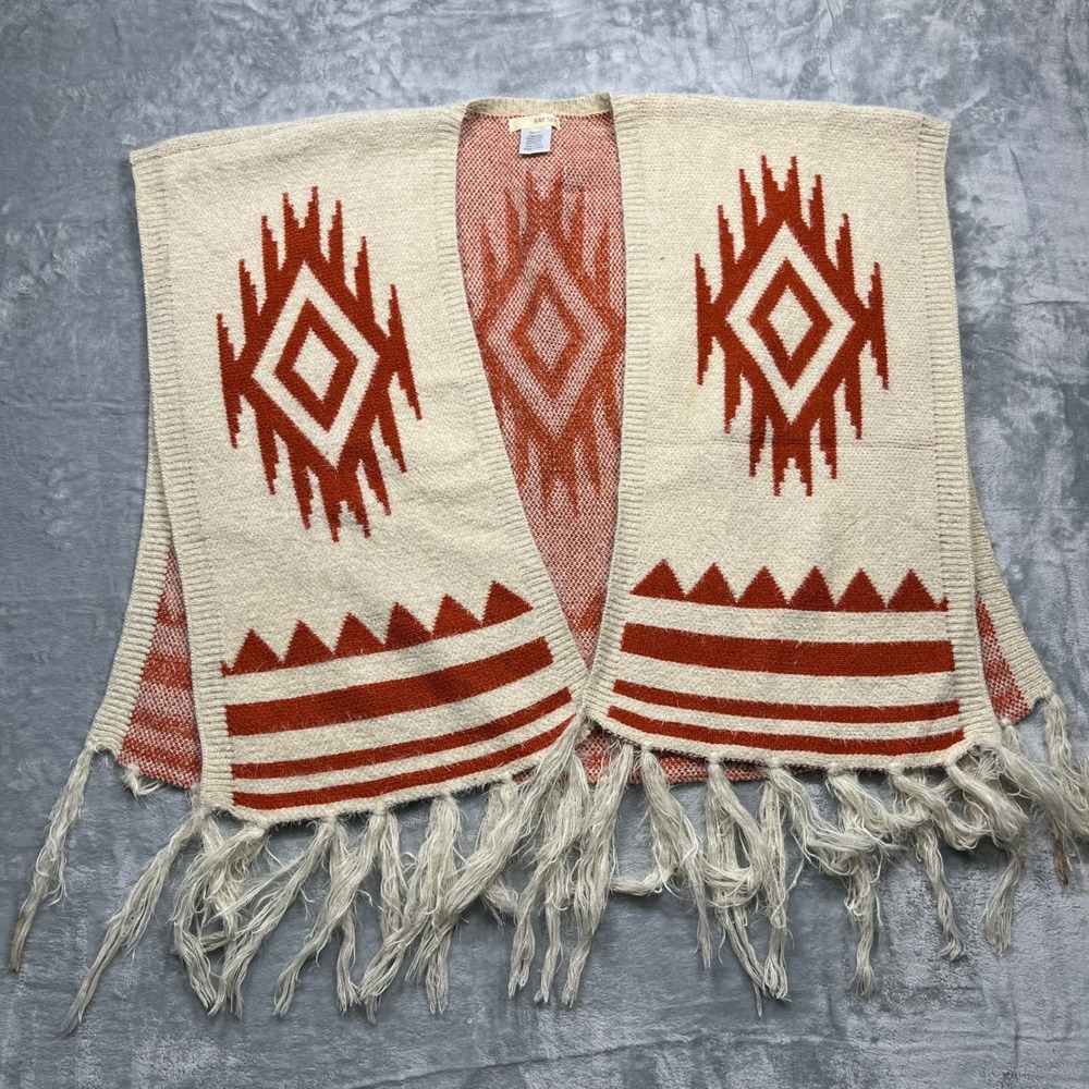 Bay Sky Poncho WomenCream Rust Orange Southwestern Fringe Knit Vest One Size